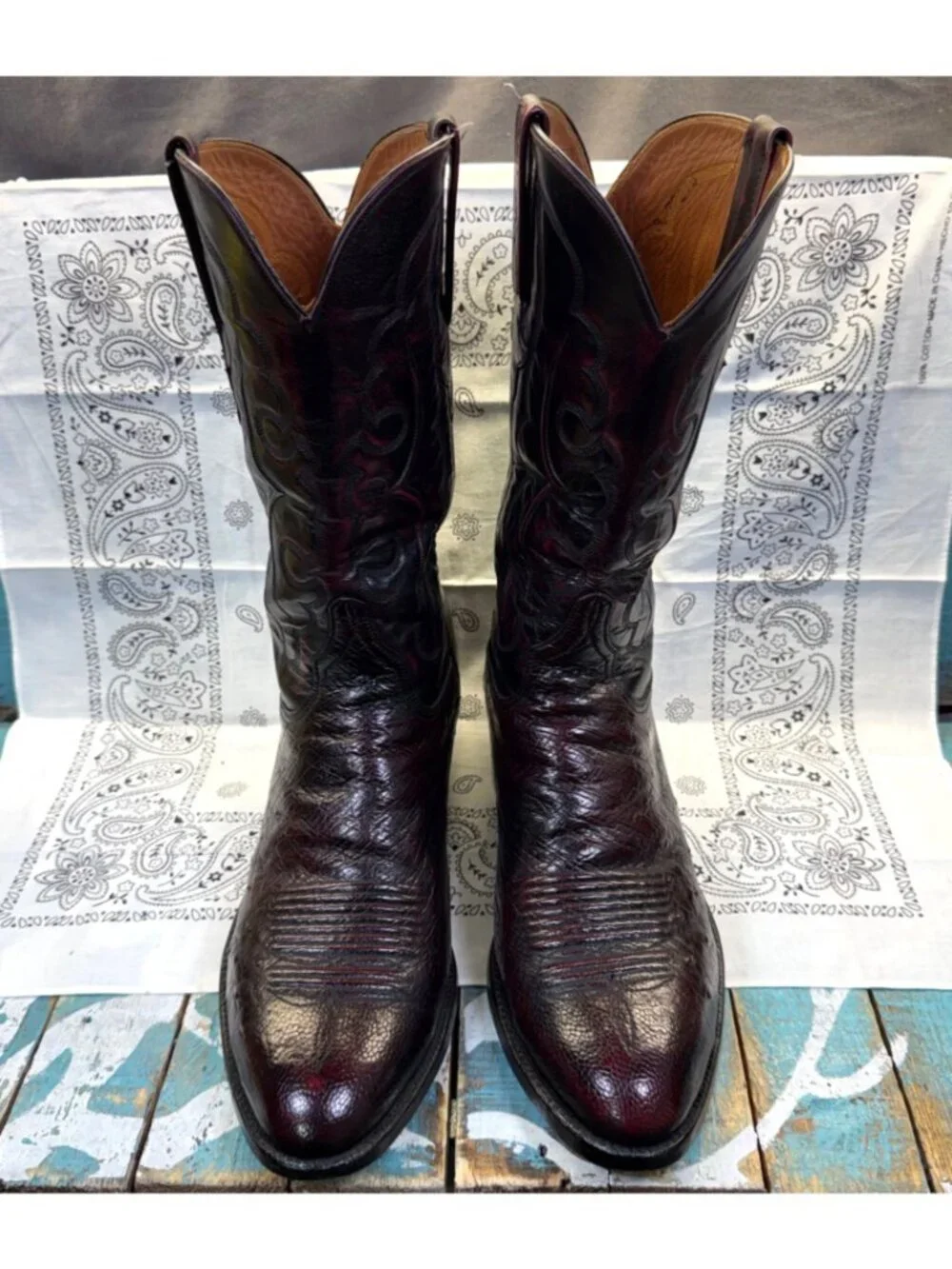 VTG Lucchese Classics Ostrich Cowboy Boots Men 12D Black Cherry Embossed Stitch